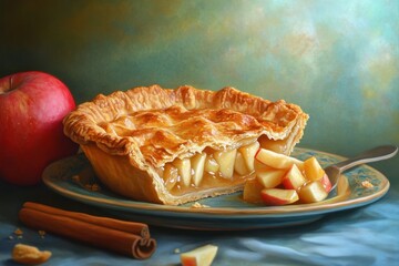 Wall Mural - A Delicious Slice Of Apple Pie With A Red Apple