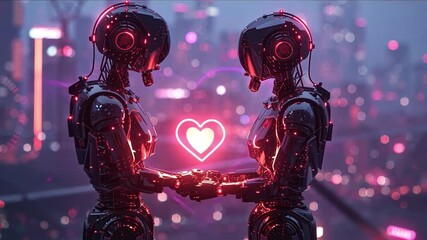 Poster - Two humanoid robots stand closely facing each other, holding a glowing heart between them while surrounded by a vibrant, futuristic cityscape illuminated at night, celebrating love.