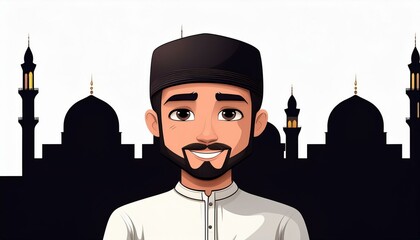 Wall Mural - cartoon a young man with beard and wearing black cap. wearing white shirt. facing camera. Ramadan.