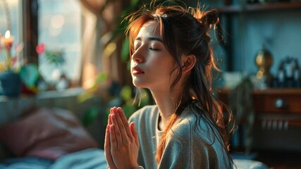 Poster - A young woman sits peacefully with her hands together in a meditative pose, surrounded by a serene home environment filled with soft light and lush plants, creating a calming atmosphere.