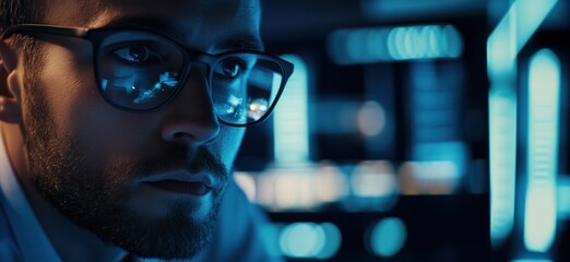 Focused male programmer analyzing data on computer screen in dimly lit environment, showcasing technology and concentration, copy space for text