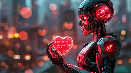 Aufkleber - A futuristic robot stands in a vibrant urban setting, cradling a bright, glowing heart in its hands.