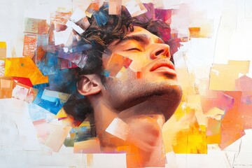 Wall Mural - Expressive portrait of young hispanic male with colorful abstract background