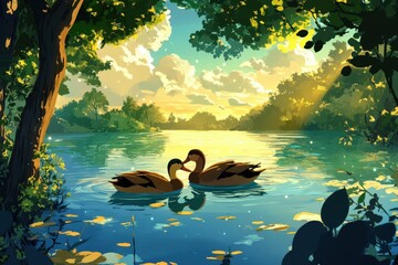 Sticker - Two Ducks Share a Tender Moment on a Serene Lake at Sunset