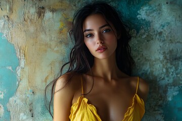 Wall Mural - Young woman in yellow dress poses against vintage textured wall in natural light