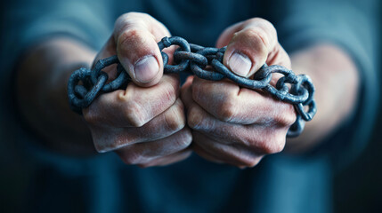 Hands Gripping Heavy Chains Symbolizing Bondage and Struggle in a Dramatic Close-Up Image