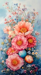 Wall Mural - Colorful floral arrangement with decorated eggs in spring garden setting