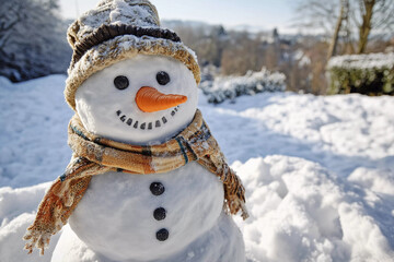 Snowman stands proudly in winter landscape surrounded by fresh snow under clear blue sky