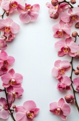 Canvas Print - Pink orchid flowers arranged artistically on a white surface creating a beautiful frame for design purposes