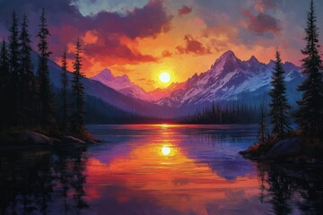 Wall Mural - Majestic mountains reflect in tranquil lake at sunset in a wilderness setting