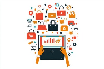 ecommerce concept showing a person using a laptop with digital shopping icons emphasizing the convenience of online retail