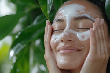 a content woman smiles while applying a foamy face wash, surrounded by lush greenery, representing j