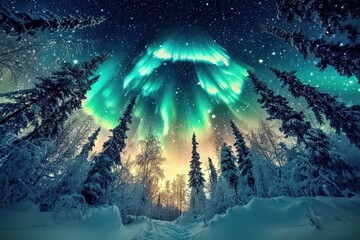 Enchanting Winter Night: Northern Lights in a Forest