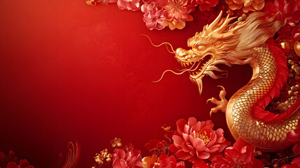 Wall Mural - Illustration of a golden Chinese dragon with flowers on a red background