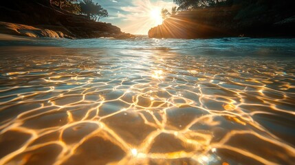 Poster - Golden sunset reflects on shallow ocean water at tropical beach.