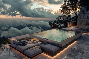 Wall Mural - Luxurious infinity pool with modern lounge seating overlooking a breathtaking cloudscape at sunset.