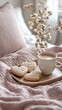 © Pixels  - Valentine themed Heart-shaped cookies and hot chocolate on a breakfast tray, resting on a bed dressed in soft mauve and champagne gold bedding, luxury life, for faceless Instagram reels, cozy love