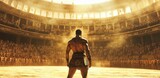Warrior stands tall in ancient arena as sunlight pours through the coliseum highlighting the anticipation of the crowd below