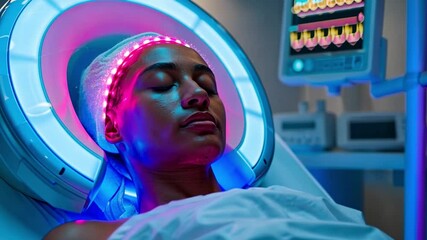 Poster - In a modern medical setting, a patient receives ai-enhanced light therapy designed to promote healing during a stem cell treatment session. The atmosphere is soothing, aided by colorful lights.