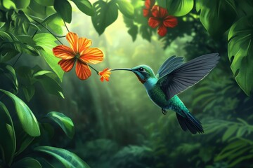 Poster - Hummingbird Feeding on Vibrant Orange Flowers in Lush Rainforest