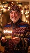 © Hungarian - Happy Man Holds Lit Candles Festive Sweater