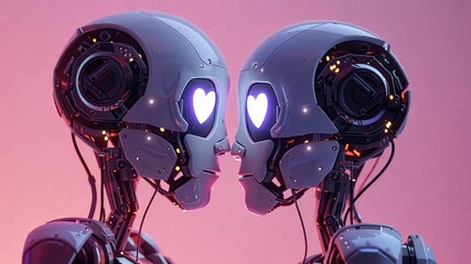 Poster - Two advanced robots face each other, their eyes illuminated with heart shapes, symbolizing love and connection in a vibrant atmosphere ideal for Valentine's Day celebrations.