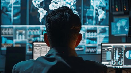 Leinwandbilder - A professional monitors multiple screens displaying complex data and analytics in a high-tech control room.