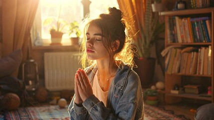 Aufkleber - A young woman sits cross-legged on a colorful rug, practicing meditation in a warmly lit room filled with plants and books. Her hands are in prayer position, conveying tranquility and focus.