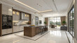 © Interior Design - 3D-rendered front view of a modern kitchen interior in a luxury mansion, featuring sleek cabinetry, premium finishes, and a spacious, elegant layout.
