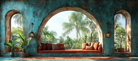 Tropical sunlit room with arched windows, terracotta daybed, and lush green foliage.