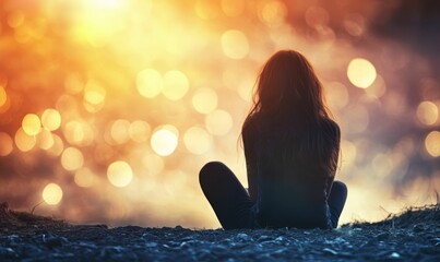 Wall Mural - Silhouetted person meditates, bokeh sunset backdrop.