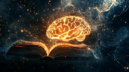 Poster - Glowing brain above open book; sparks, smoke.