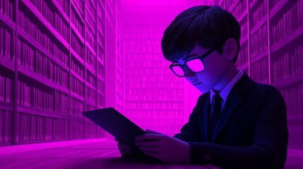 Wall Mural - Young Boy Reading E-Book in a Futuristic Library with Neon Purple Lighting Focused on Knowledge and Learning in a Digital Age