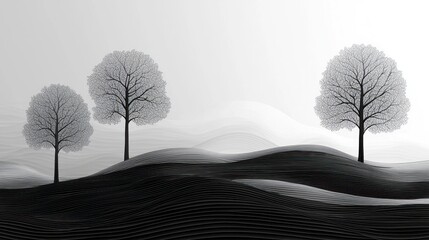 Wall Mural - Monochrome landscape illustration with three leafless trees on rolling hills.