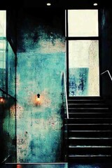 Wall Mural - stylish interior staircase with teal wall