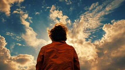 Poster - A person stands with their back facing the horizon, gazing at a dynamic sky filled with clouds during sunset. The vibrant colors evoke a sense of wonder and creativity.