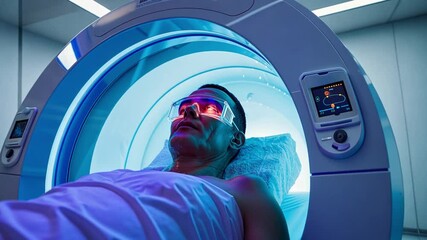 Poster - A patient lies on a medical bed inside a futuristic examination room. Bright lights and high-tech equipment surround him as he prepares for stem cell therapy, showcasing cutting-edge healthcare.