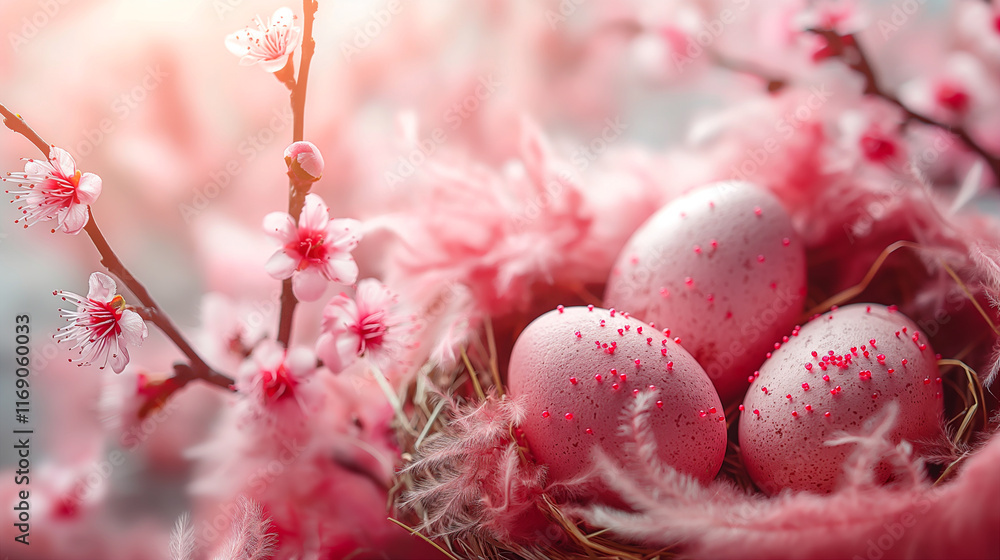 Pastel pink Easter eggs nestled in natural nest with cherry blossoms ...
