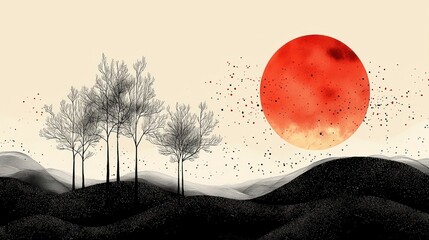 Canvas Print - Red sun sets over minimalist monochrome landscape with trees.