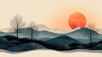 Canvas Print - Serene minimalist landscape painting of mountains, trees, and a large setting sun.