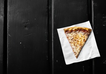 Wall Mural - A Delicious Slice of Cheese Pizza on a Simple White Napkin Set Against a Rustic Black Wooden Table for Food Photography and Culinary Displays