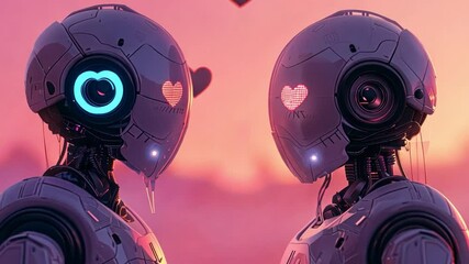 Poster - Two humanoid robots stand facing each other, displaying glowing heart designs in their eyes. The background is filled with soft pastel colors, creating a romantic atmosphere ideal for Valentine's Day.