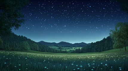 starry night sky over a tranquil meadow in a mountainous region