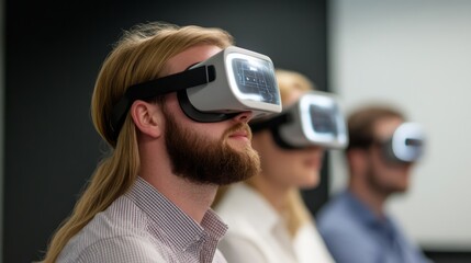 Wall Mural - Group of Young Adults Engaging in Virtual Reality Experience with Headsets in Modern Office Environment, Exploring Innovative Technology and Digital Interaction