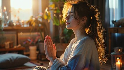 Aufkleber - A young person practices meditation in a serene home environment, surrounded by plants and soft lighting. The atmosphere promotes relaxation and inner peace.