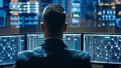 Aufkleber - In a high-tech office environment, a professional analyzes a series of digital screens filled with intricate data visualizations and analytics. The atmosphere is focused and modern.