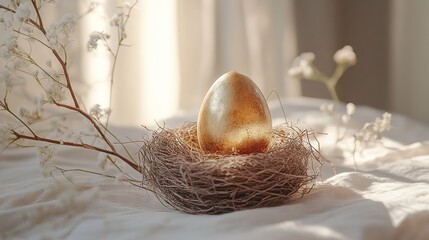 golden egg in a small nest on white background, HD image