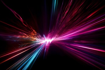 Wall Mural - bright, neon blue and pink streaks of light converge in a black void. ai generative. .