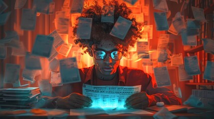 Wall Mural - a person with curly hair and glasses looks at a document in a room with a red light and falling pape