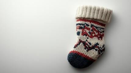 Poster - Knit Christmas stocking on white background, festive decoration.